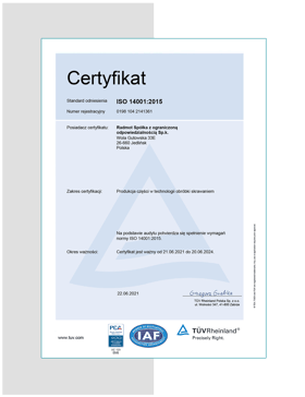 Firma CNC Radmot certyfikat ISO 14001:2015