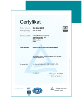 Firma CNC Radmot certyfikat IATF 16949:2016