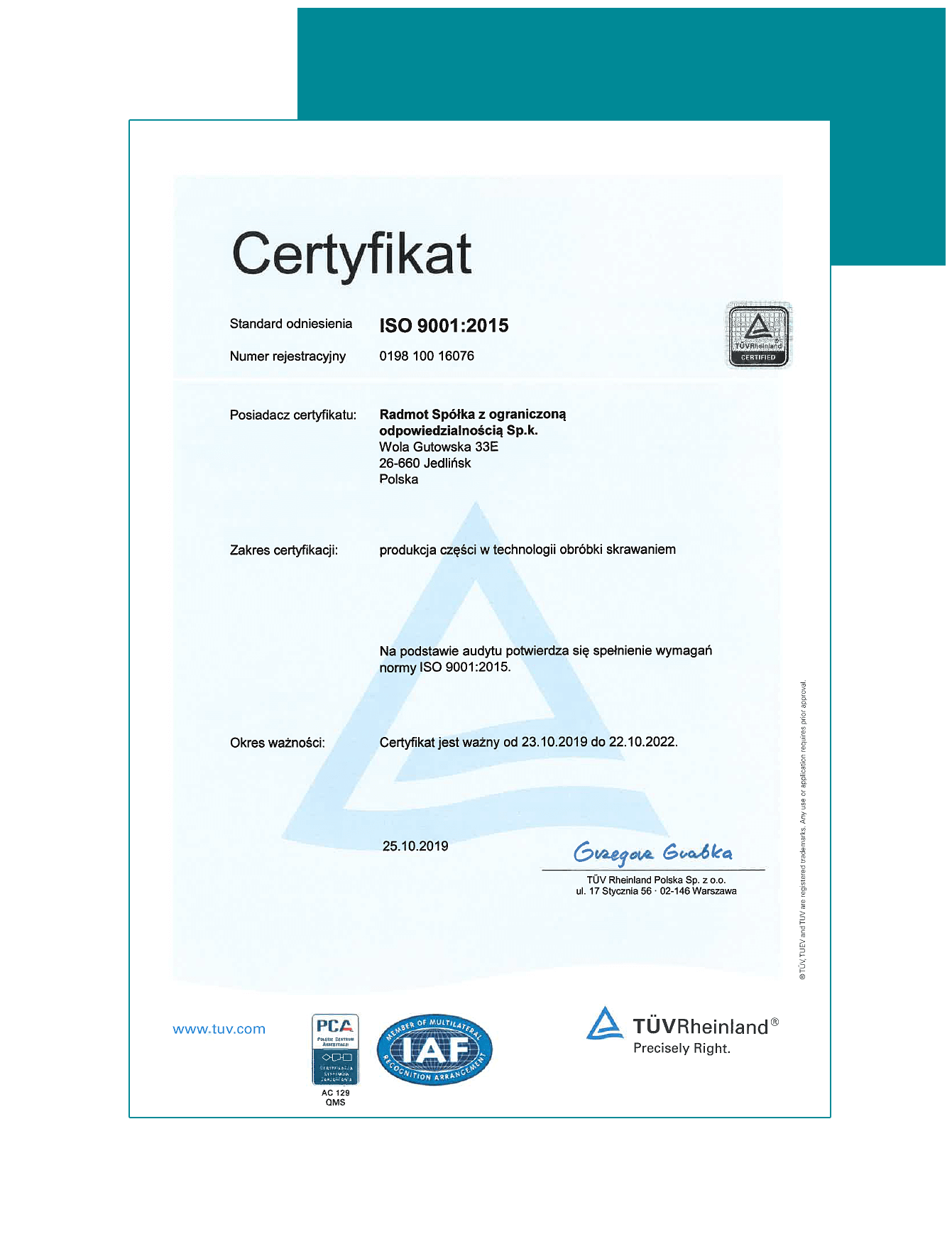 iso zertifikat 9001:2015 cnc dienstleistungen